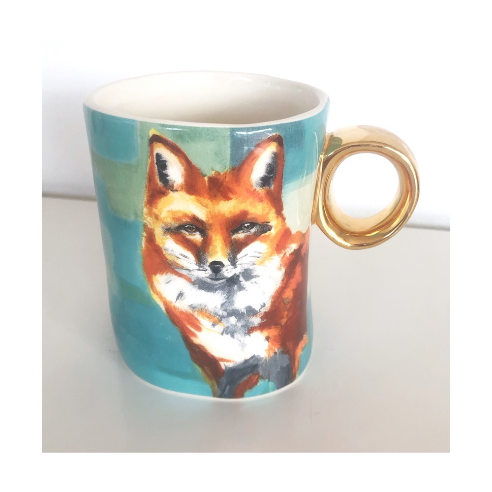 Anthropologie Red Fox Mug by Lauren Carlson Walcott - Gold Loop Handle